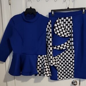 Blue Long Sleeve Dress with Black and White Pattern